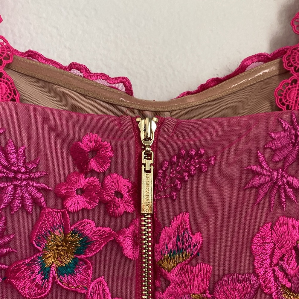 Bronx and Banco Hot Pink Lace Appliqué Asymmetric Midi Dress - Picture 8 of 16